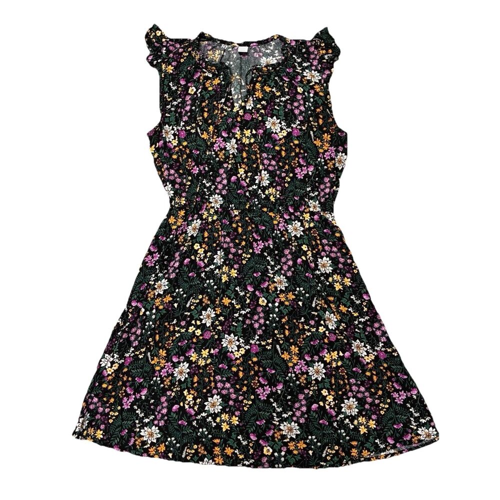 Old Navy Tie Neck Flutter Sleeve Dress-Women’s Medium Black Floral Knee Length